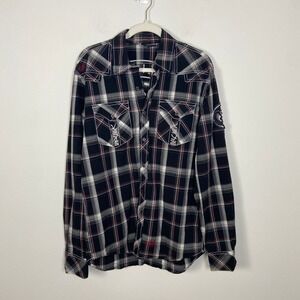 Affliction Mens M Plaid Long Sleeve Button‎ Up Western Shirt Embroidered Details